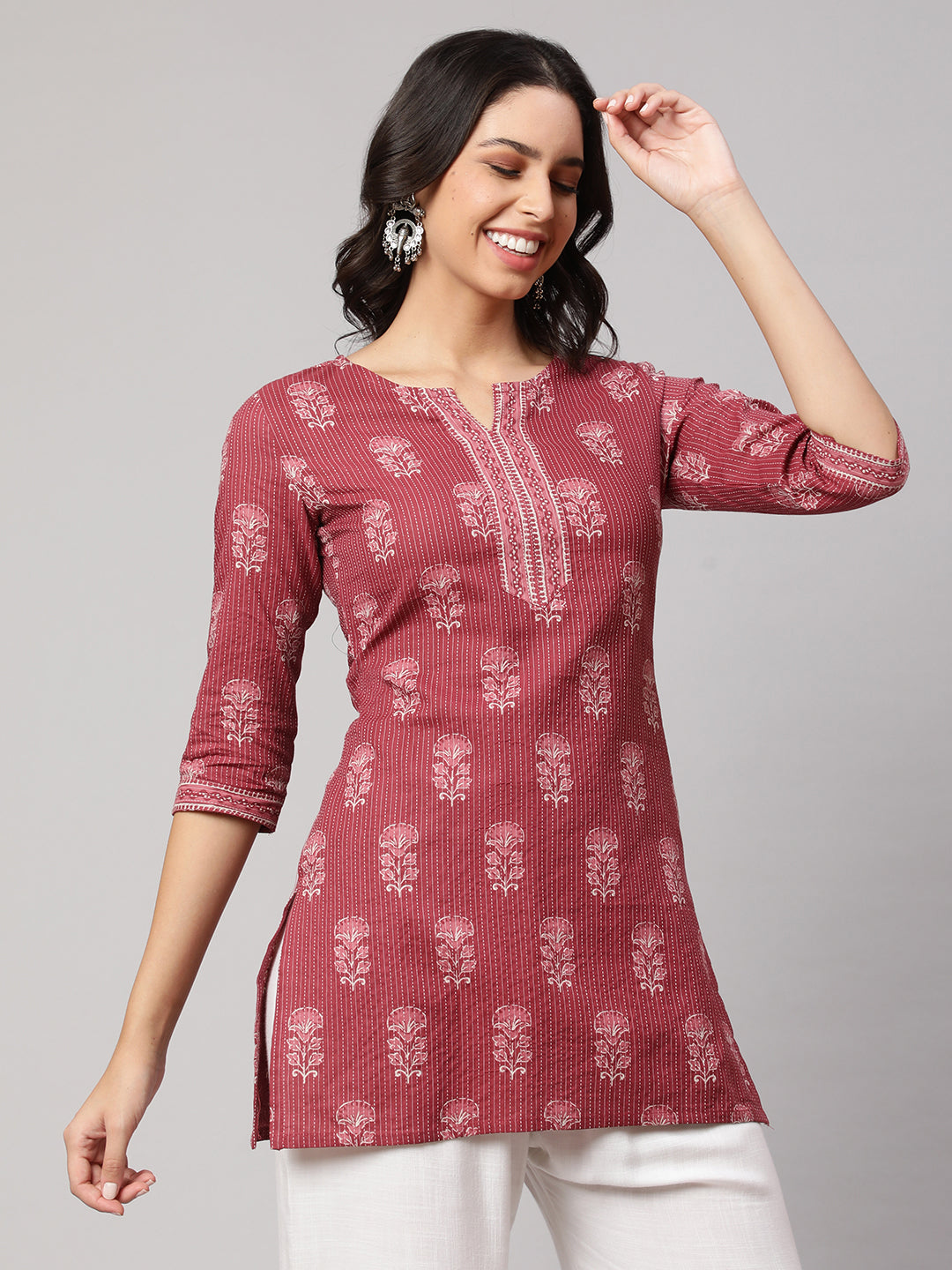 Women Mauve Straight Tunic With Three Quarter Sleeves | LASVINI - Redefining Indian Fashion with Elegance