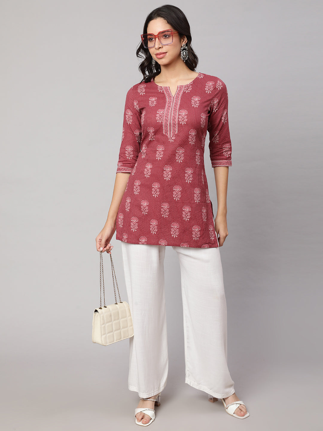 Women Mauve Straight Tunic With Three Quarter Sleeves | LASVINI - Redefining Indian Fashion with Elegance