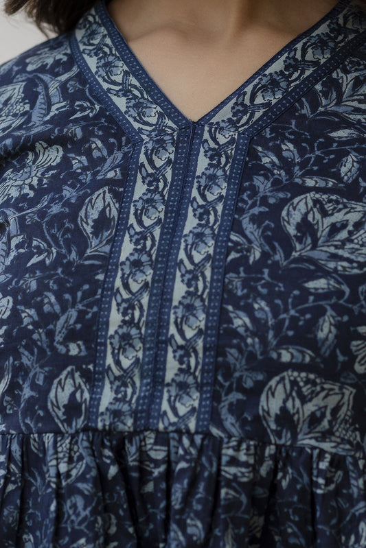 Women Navy Blue Floral Printed Peplum Tunic | LASVINI - Redefining Indian Fashion with Elegance