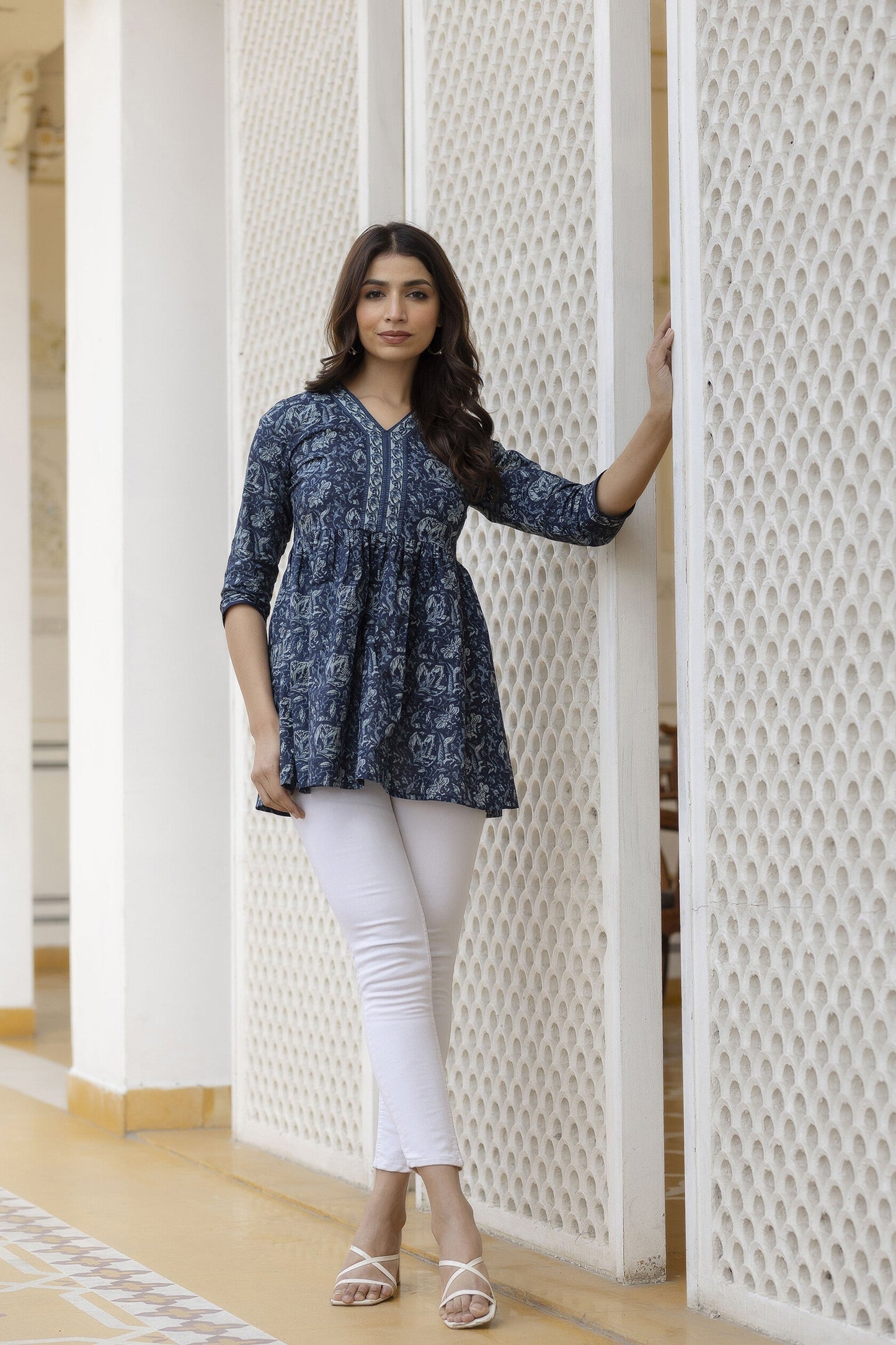 Women Navy Blue Floral Printed Peplum Tunic | LASVINI - Redefining Indian Fashion with Elegance