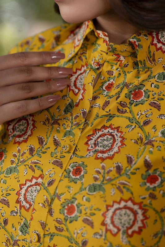 Women Yellow Floral Printed Flared Dress | LASVINI - Redefining Indian Fashion with Elegance