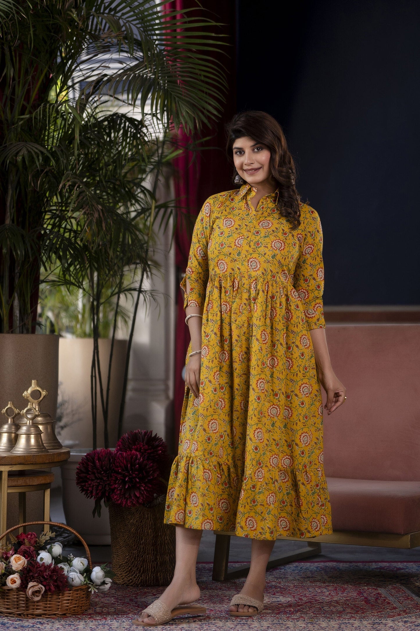 Women Yellow Floral Printed Flared Dress | LASVINI - Redefining Indian Fashion with Elegance