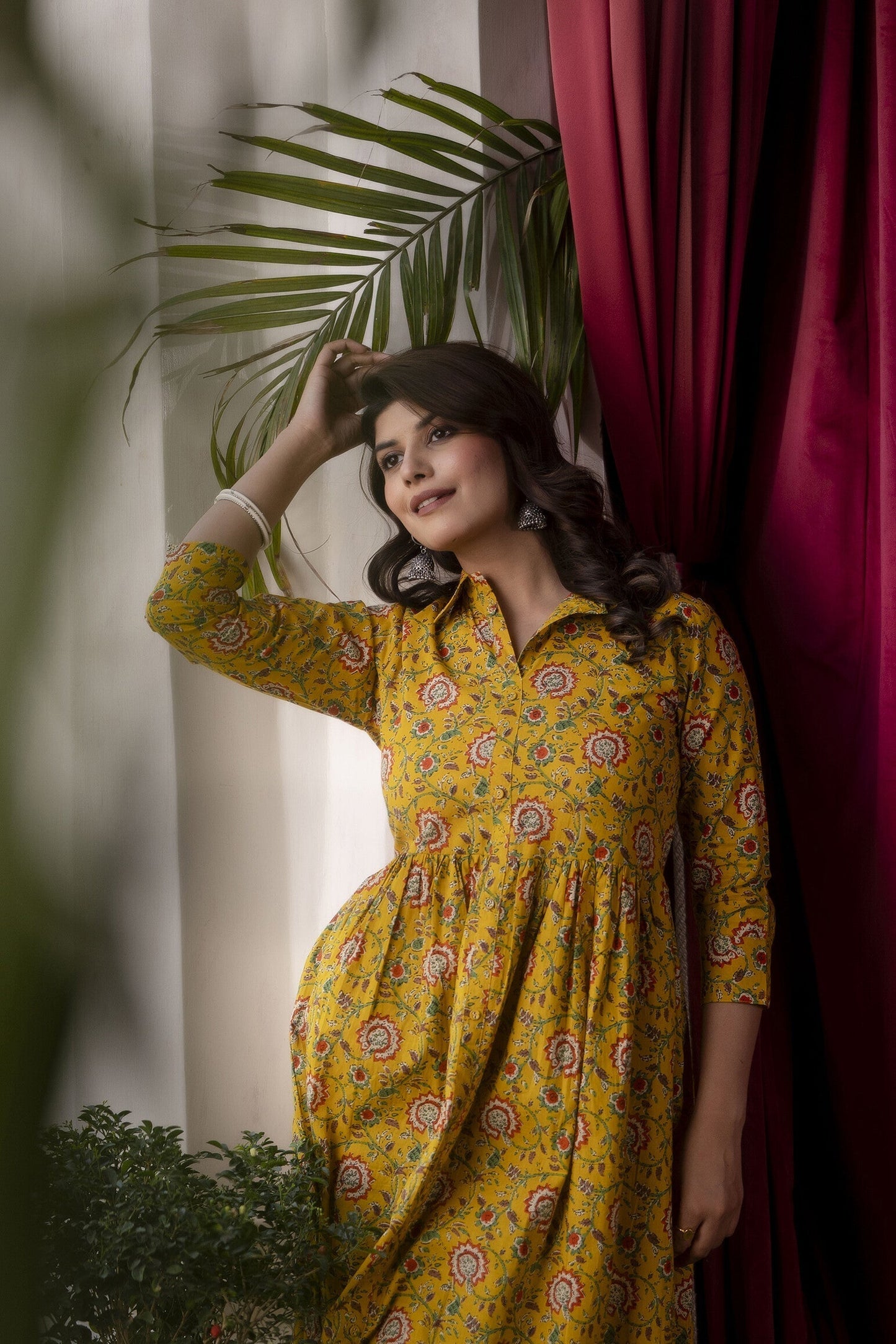 Women Yellow Floral Printed Flared Dress | LASVINI - Redefining Indian Fashion with Elegance