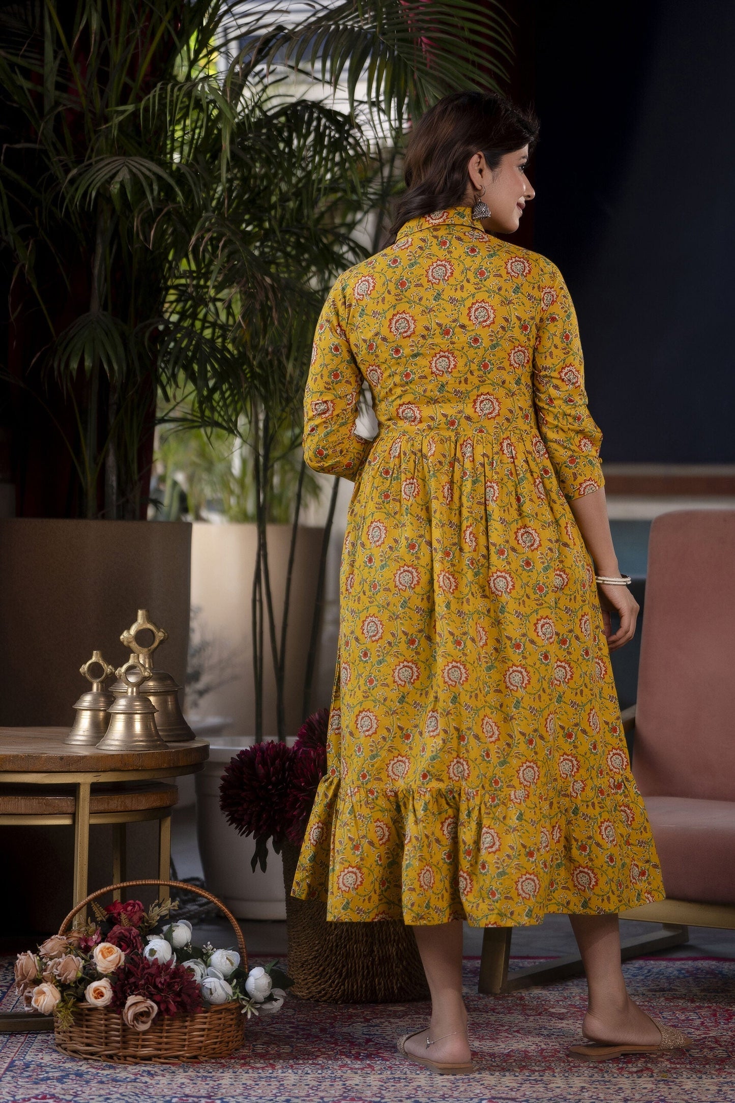 Women Yellow Floral Printed Flared Dress | LASVINI - Redefining Indian Fashion with Elegance