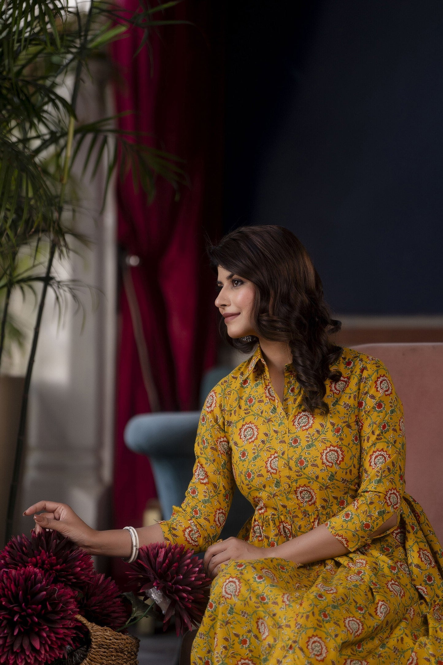 Women Yellow Floral Printed Flared Dress | LASVINI - Redefining Indian Fashion with Elegance