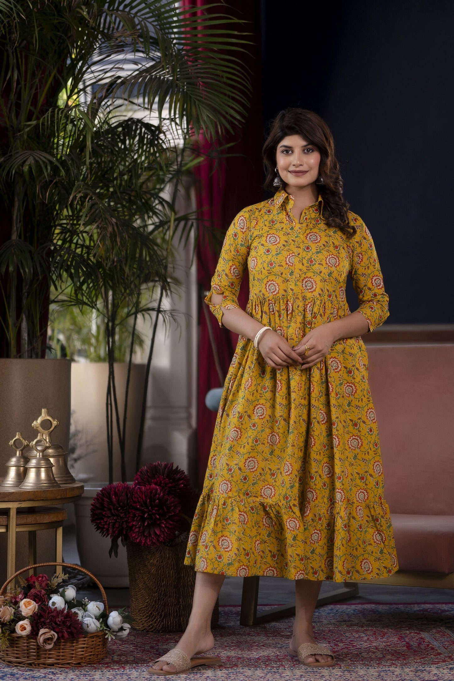 Women Yellow Floral Printed Flared Dress | LASVINI - Redefining Indian Fashion with Elegance