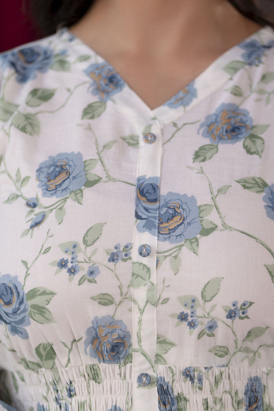 Women White Floral Printed Flared Dress | LASVINI - Redefining Indian Fashion with Elegance