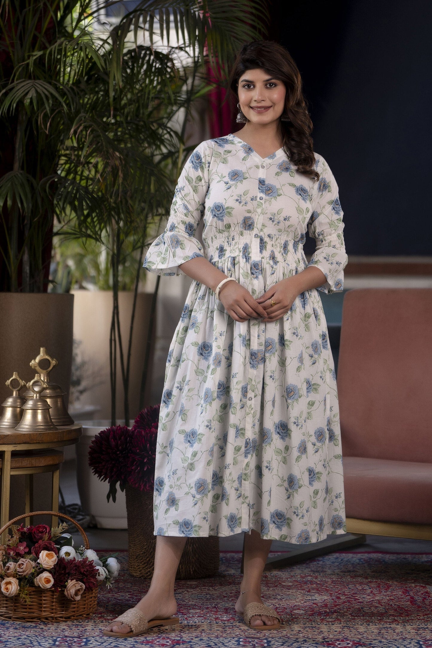 Women White Floral Printed Flared Dress | LASVINI - Redefining Indian Fashion with Elegance