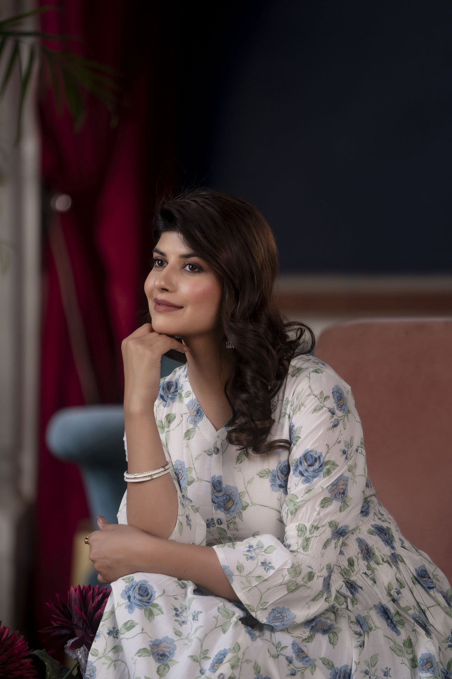 Women White Floral Printed Flared Dress | LASVINI - Redefining Indian Fashion with Elegance
