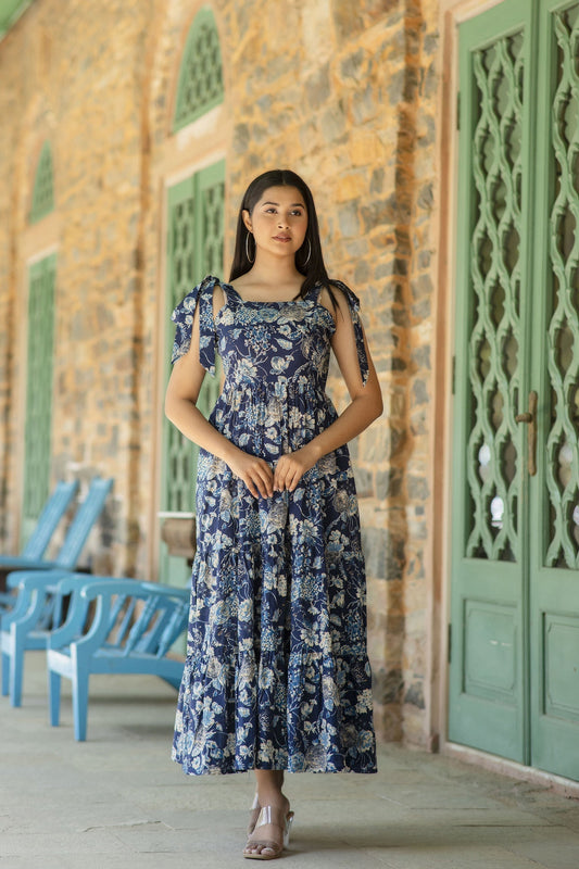 Women Navy Blue Floral Printed Sleeveless Dress | LASVINI - Redefining Indian Fashion with Elegance