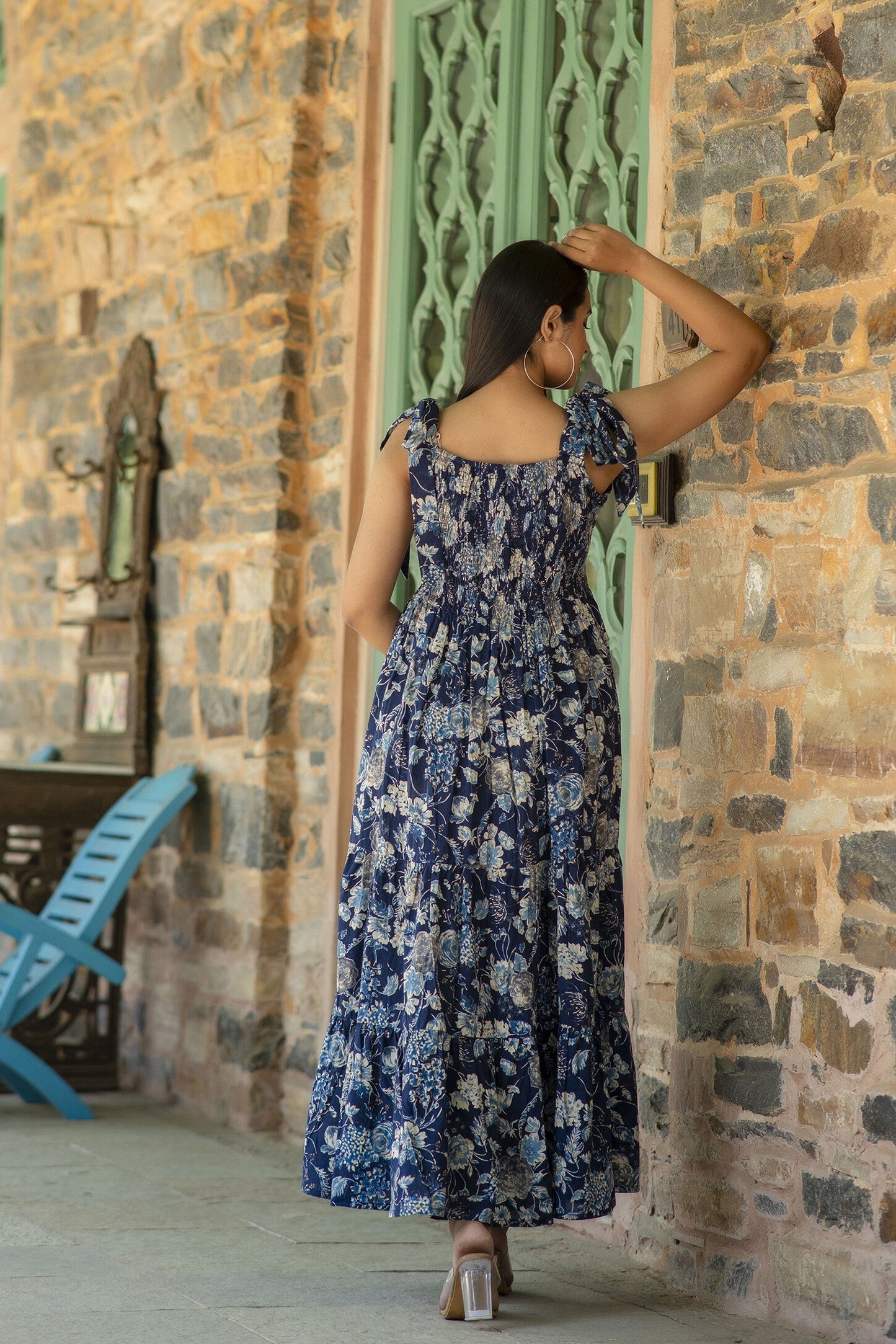 Women Navy Blue Floral Printed Sleeveless Dress | LASVINI - Redefining Indian Fashion with Elegance