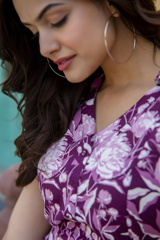 Women Purple Abstract Printed Sleeveless Midi Dress | LASVINI - Redefining Indian Fashion with Elegance