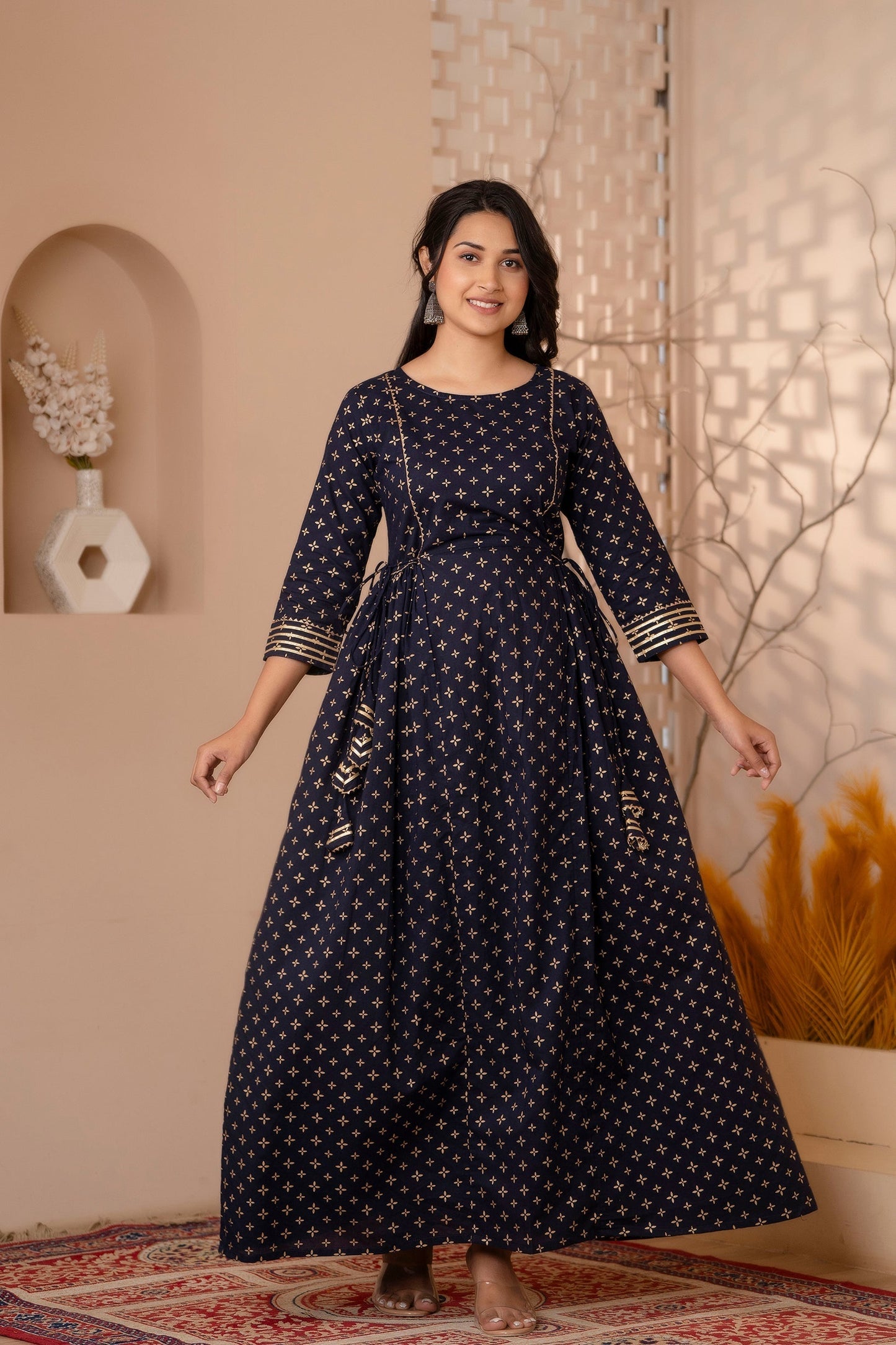 Women Navy Blue Gold Printed Flared Dress With Three Quarter Sleeves | LASVINI - Redefining Indian Fashion with Elegance