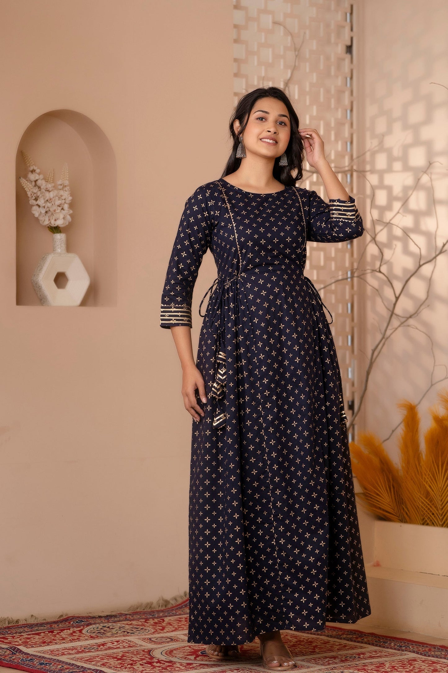 Women Navy Blue Gold Printed Flared Dress With Three Quarter Sleeves | LASVINI - Redefining Indian Fashion with Elegance