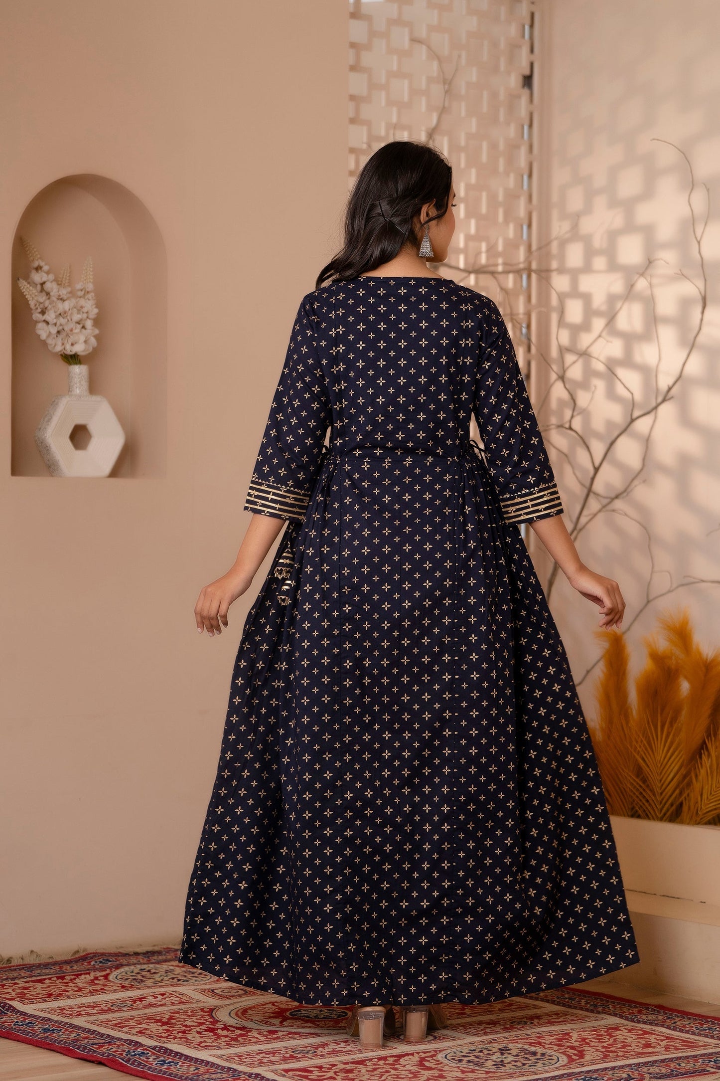Women Navy Blue Gold Printed Flared Dress With Three Quarter Sleeves | LASVINI - Redefining Indian Fashion with Elegance