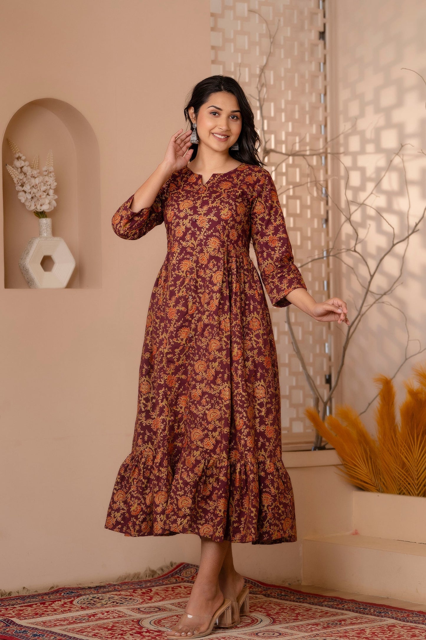 Women Burgundy Gold Printed Floral Print Tiare Dress | LASVINI - Redefining Indian Fashion with Elegance