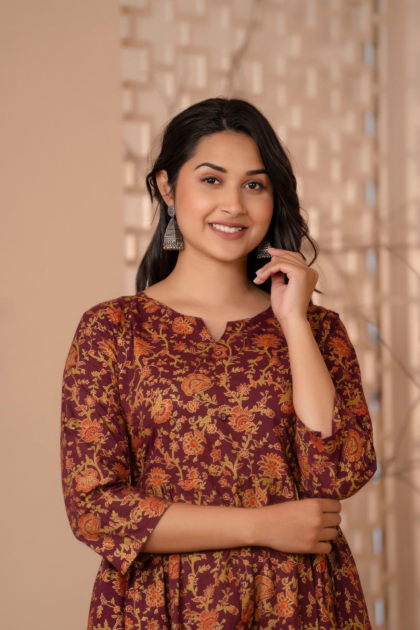 Women Burgundy Gold Printed Floral Print Tiare Dress | LASVINI - Redefining Indian Fashion with Elegance