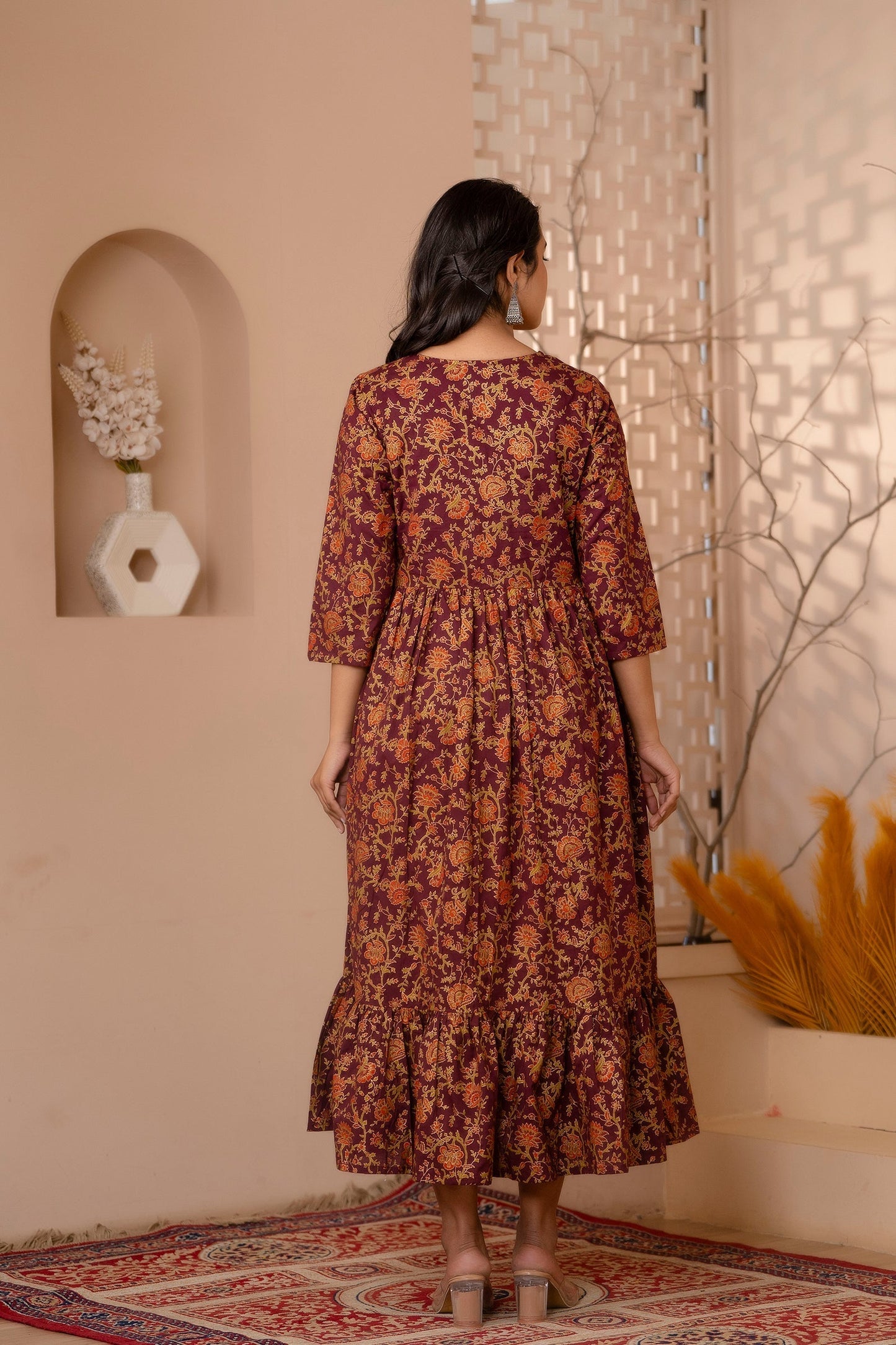 Women Burgundy Gold Printed Floral Print Tiare Dress | LASVINI - Redefining Indian Fashion with Elegance