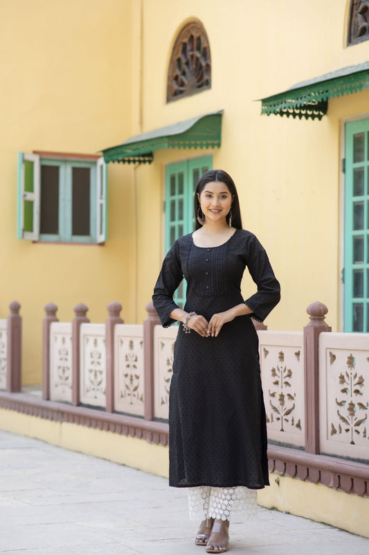 Women Black Doby Straight Kurta With Three Quarter Sleeves | LASVINI - Redefining Indian Fashion with Elegance