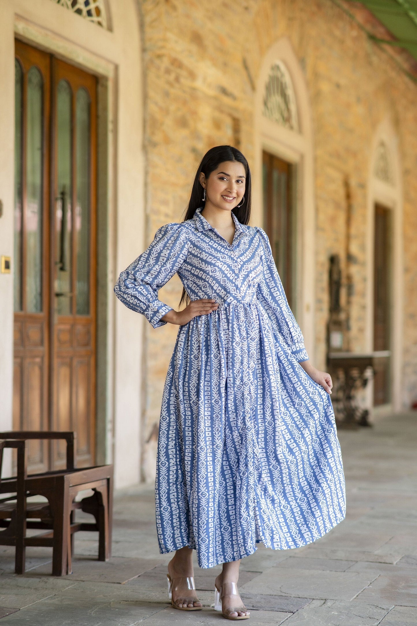 Women Grey Geometric Printed Formal Dress | LASVINI - Redefining Indian Fashion with Elegance