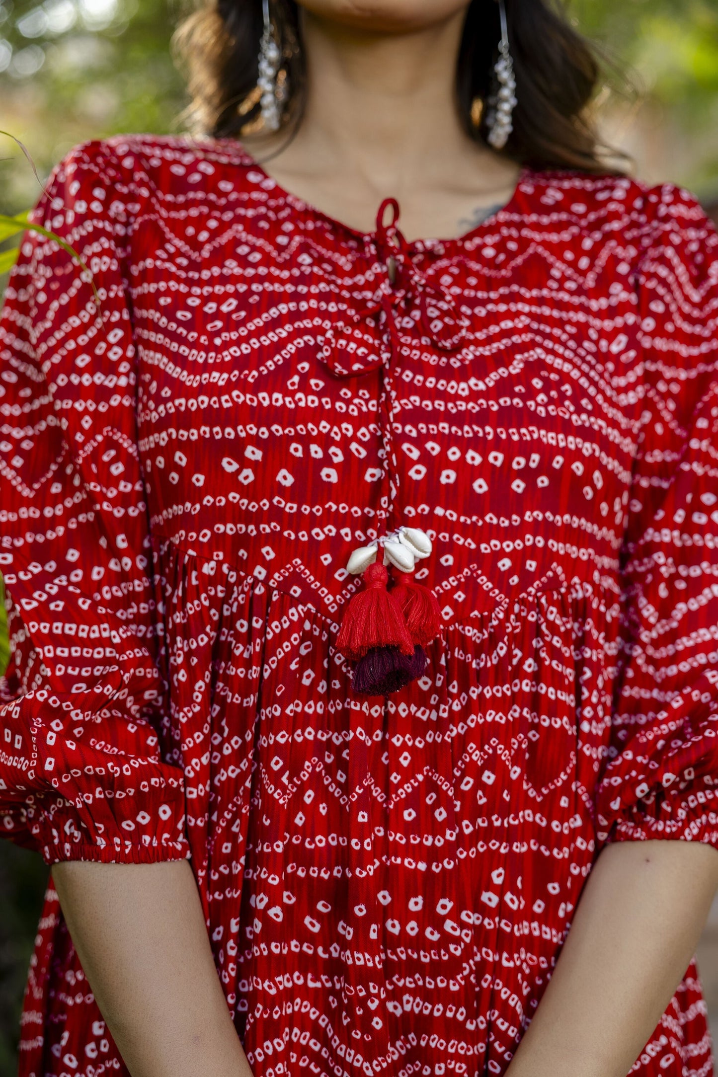 Women Red Bandhani Printed Flared Dress | LASVINI - Redefining Indian Fashion with Elegance