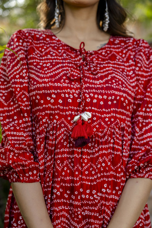 Women Red Bandhani Printed Flared Dress | LASVINI - Redefining Indian Fashion with Elegance