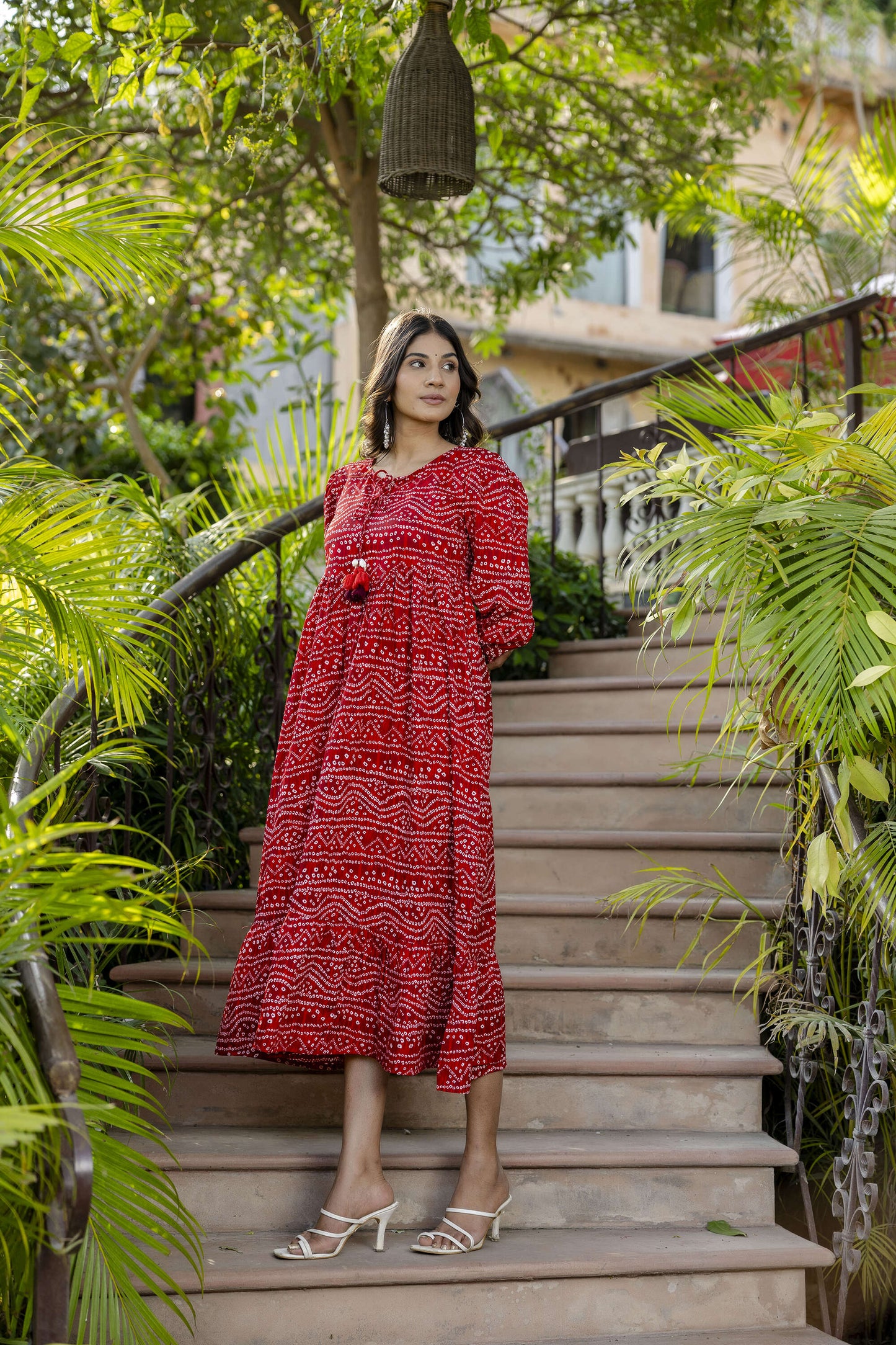 Women Red Bandhani Printed Flared Dress | LASVINI - Redefining Indian Fashion with Elegance