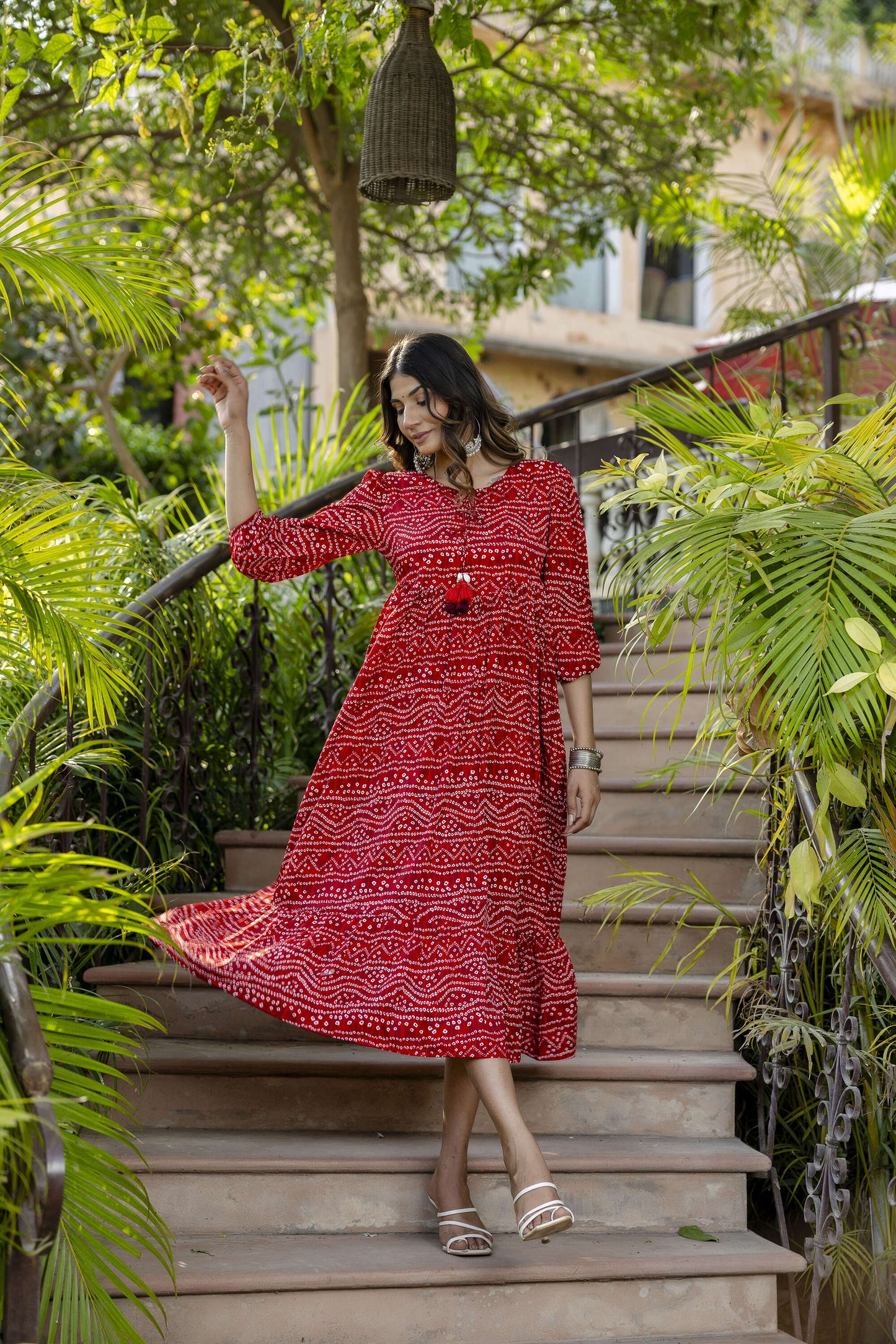 Women Red Bandhani Printed Flared Dress | LASVINI - Redefining Indian Fashion with Elegance