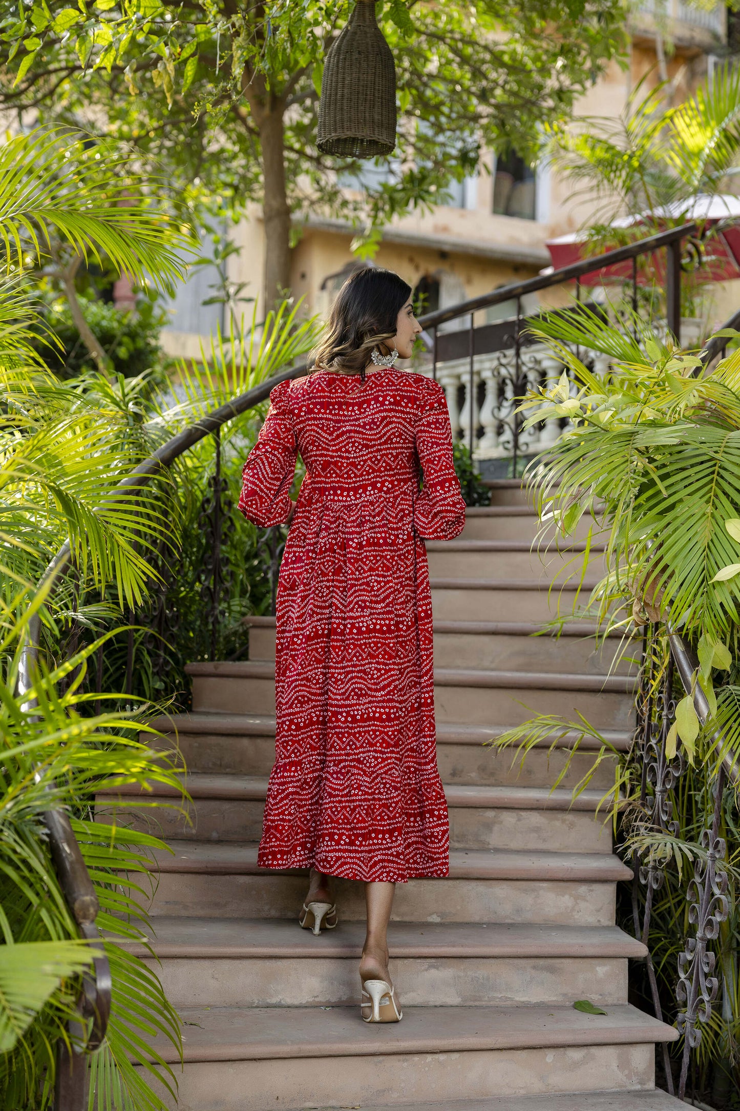 Women Red Bandhani Printed Flared Dress | LASVINI - Redefining Indian Fashion with Elegance
