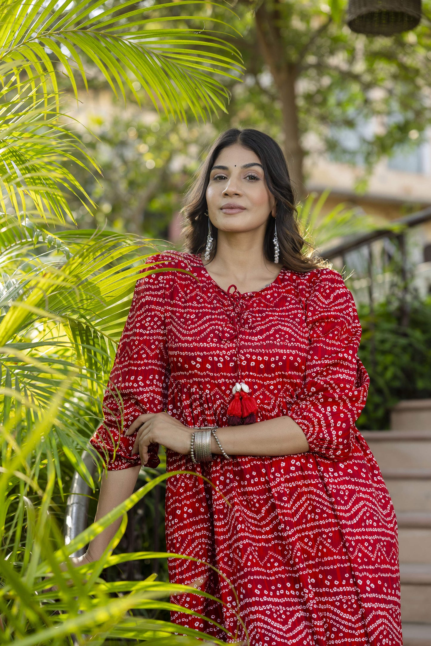 Women Red Bandhani Printed Flared Dress | LASVINI - Redefining Indian Fashion with Elegance