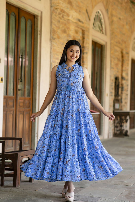 Women Blue Floral Printed Sleeveless Georgette Dress | LASVINI - Redefining Indian Fashion with Elegance