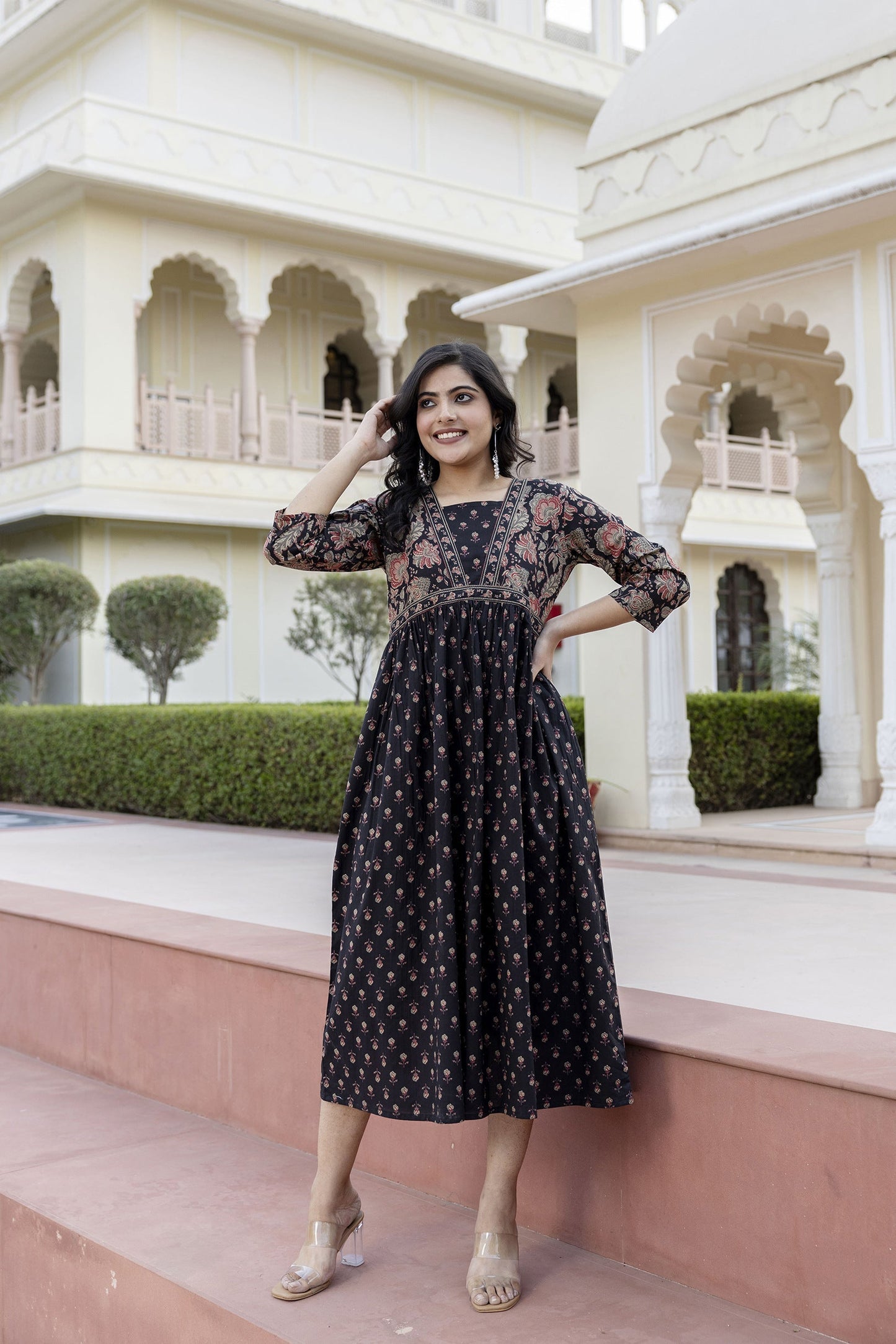 Women Black Ethnic Printed Flared Dress | LASVINI - Redefining Indian Fashion with Elegance