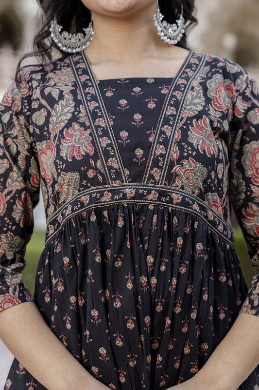Women Black Ethnic Printed Flared Dress | LASVINI - Redefining Indian Fashion with Elegance