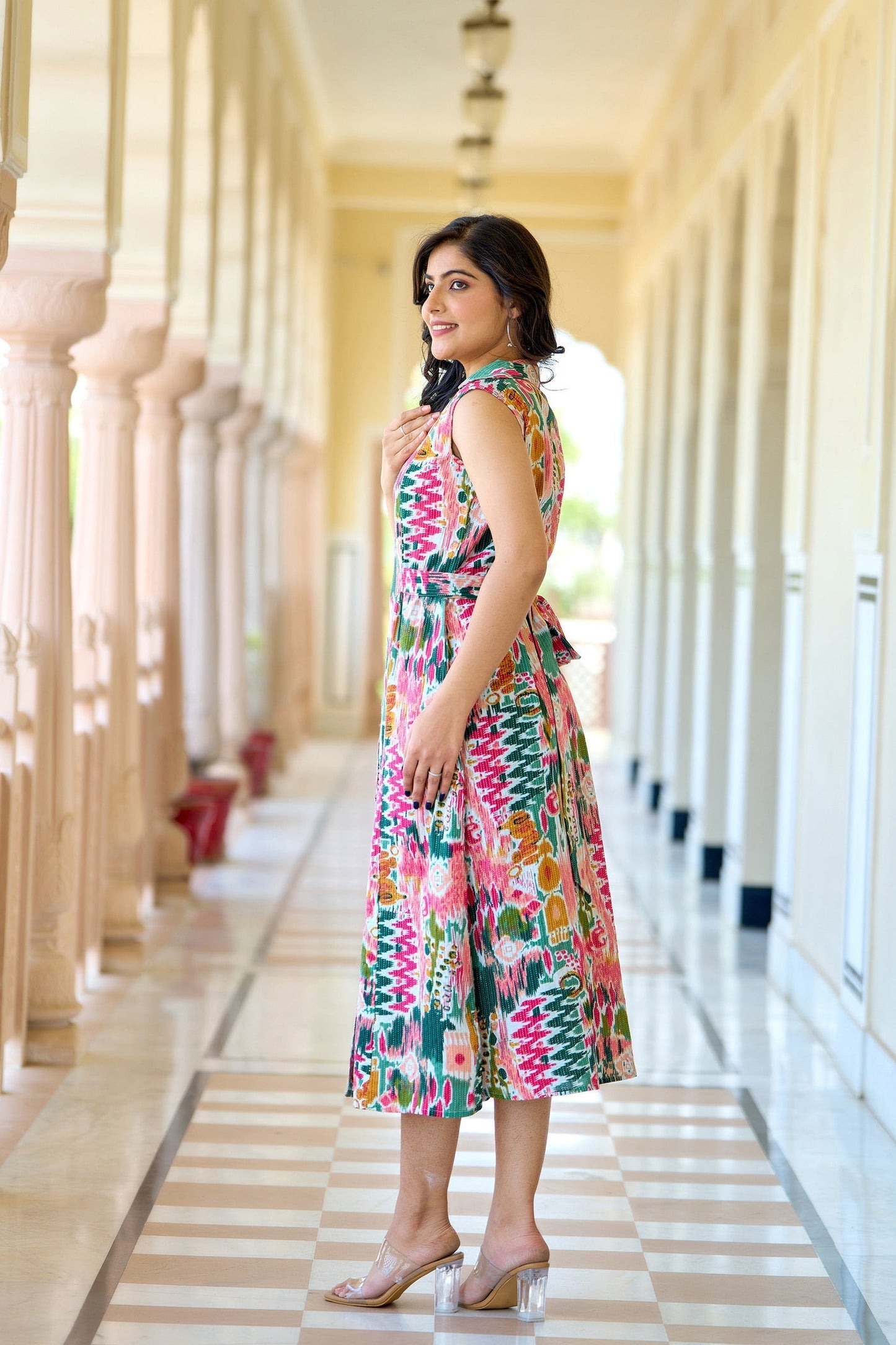 Women Multi Colure Printed Sleeveless A-Line Dress | LASVINI - Redefining Indian Fashion with Elegance