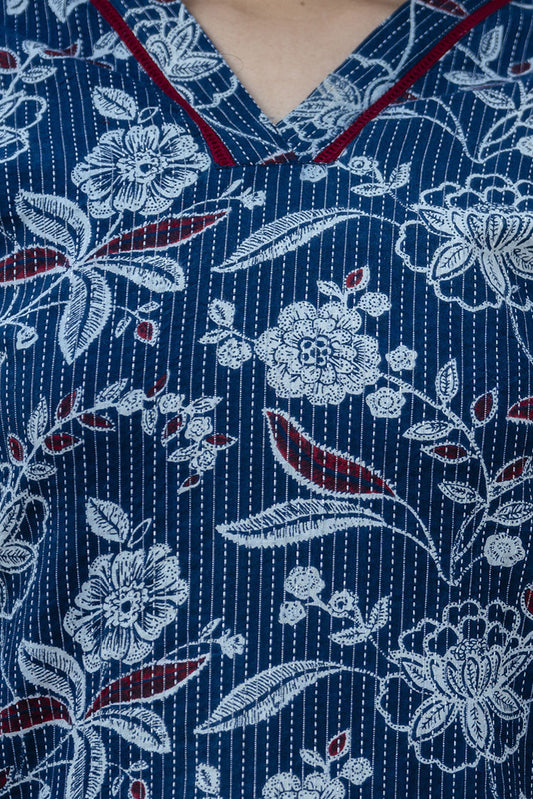 Women Blue Printed Straight Kurta With Three Quarter Sleeves | LASVINI - Redefining Indian Fashion with Elegance