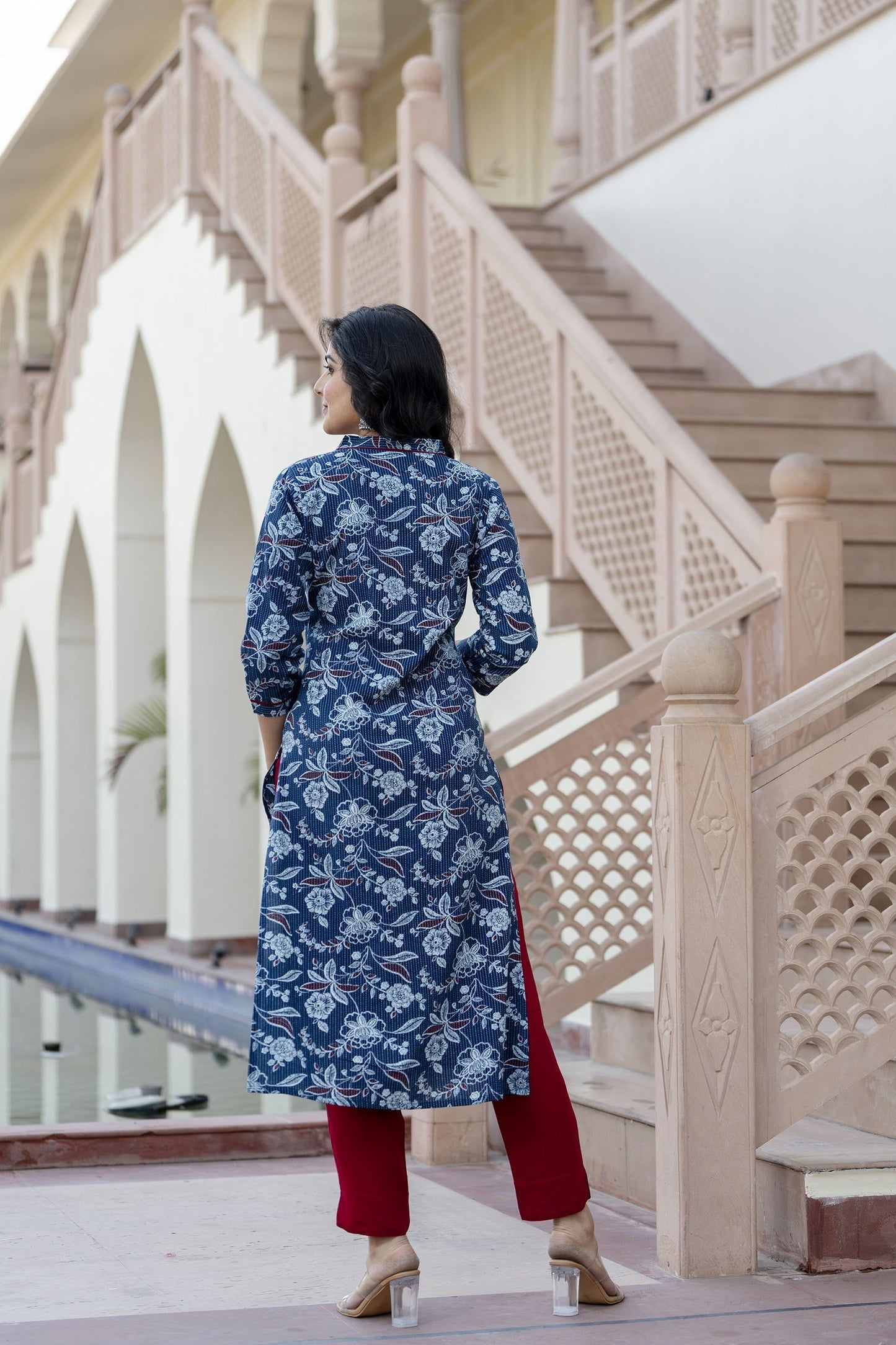 Women Blue Printed Straight Kurta With Three Quarter Sleeves | LASVINI - Redefining Indian Fashion with Elegance