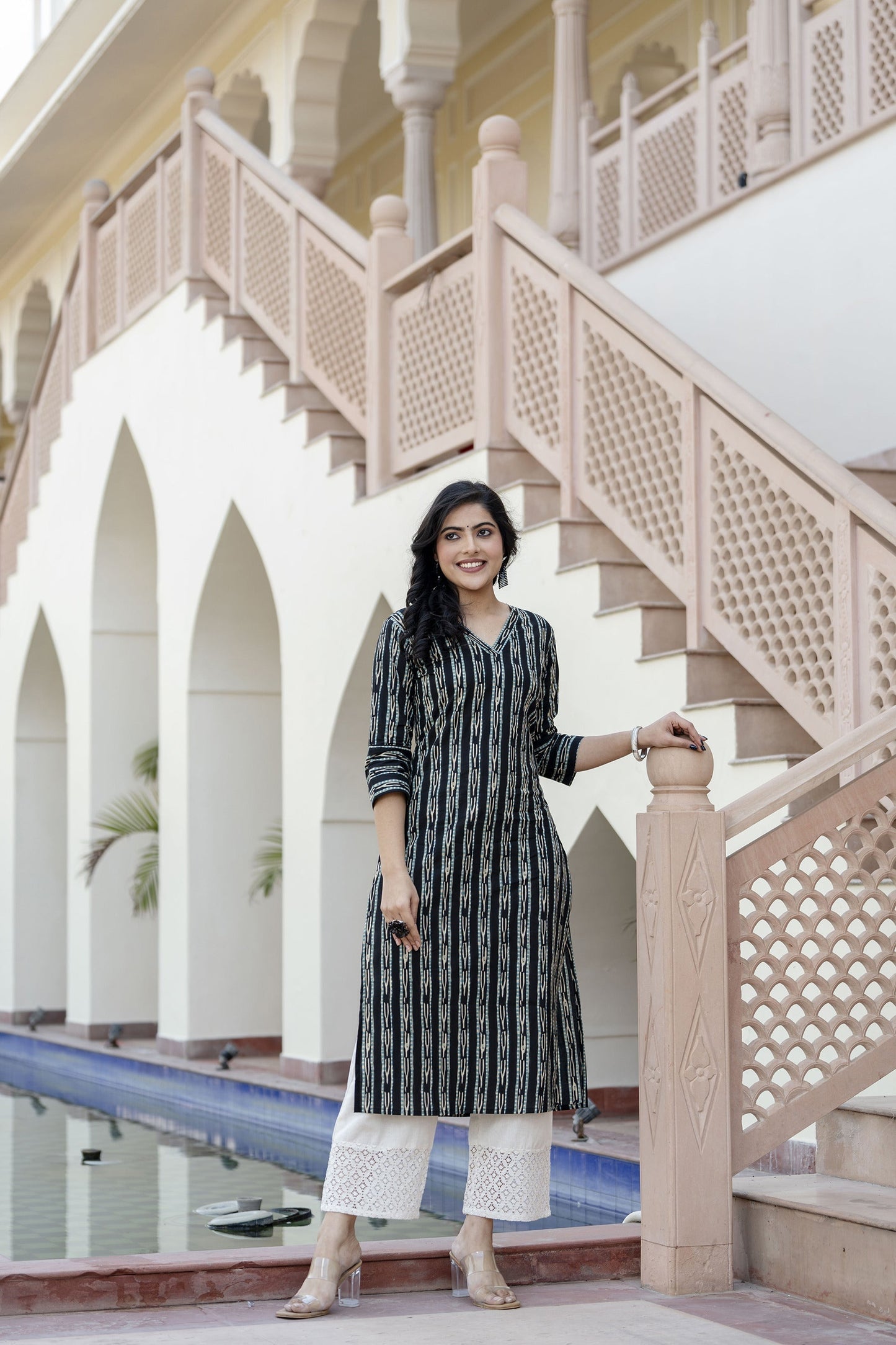 Women Black Ikat Printed Straight V-Neck Kurta | LASVINI - Redefining Indian Fashion with Elegance