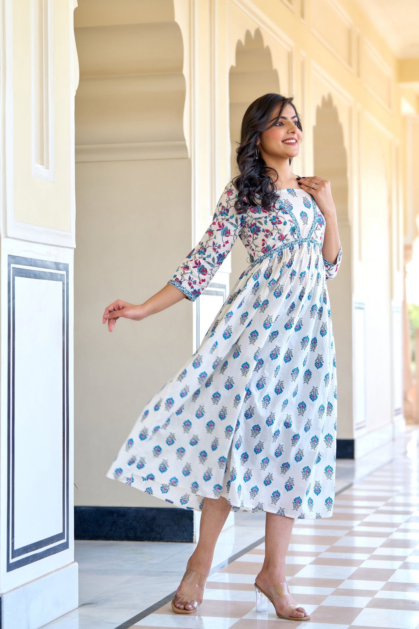 Women White Printed Flared Dress | LASVINI - Redefining Indian Fashion with Elegance