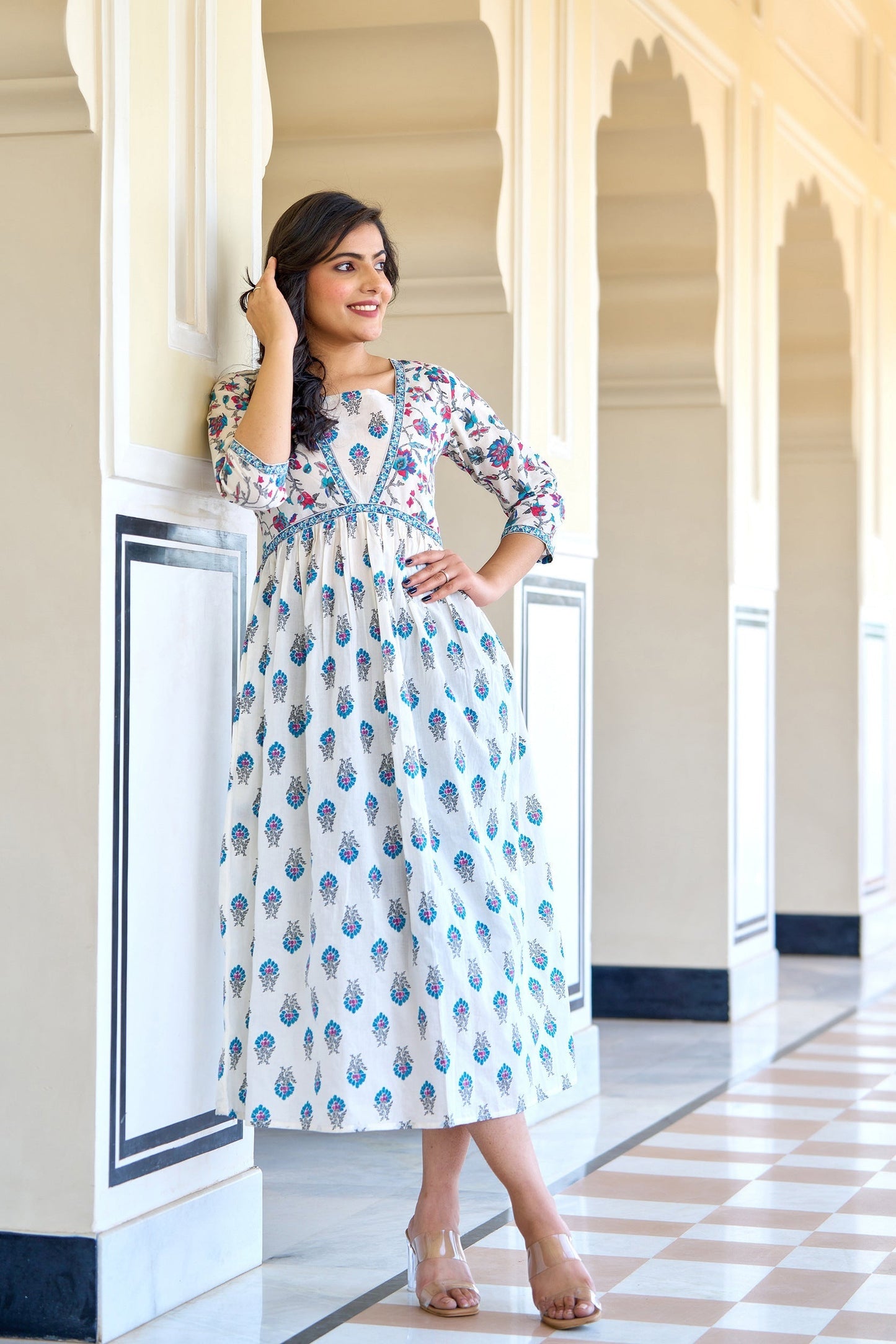 Women White Printed Flared Dress | LASVINI - Redefining Indian Fashion with Elegance