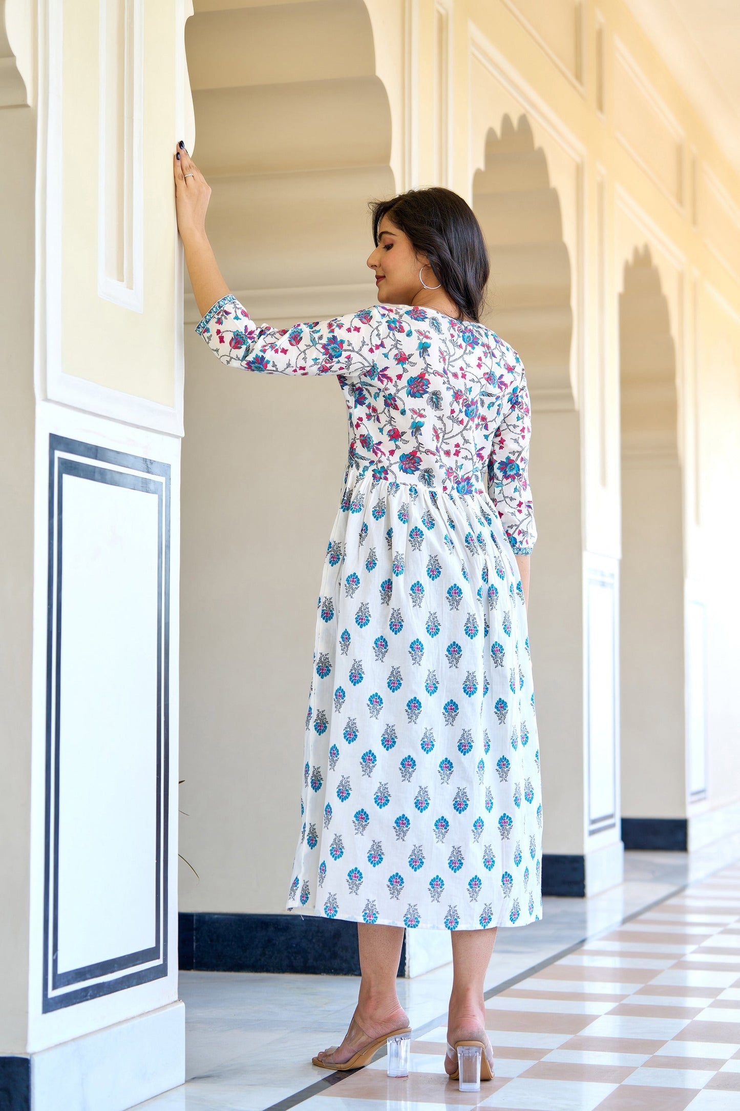 Women White Printed Flared Dress | LASVINI - Redefining Indian Fashion with Elegance