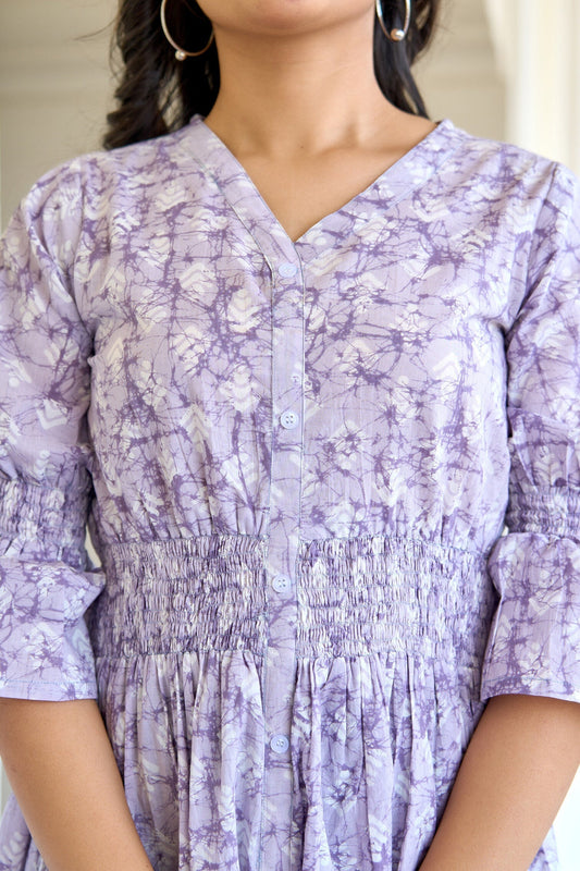 Women Purple Printed Flared Dress | LASVINI - Redefining Indian Fashion with Elegance