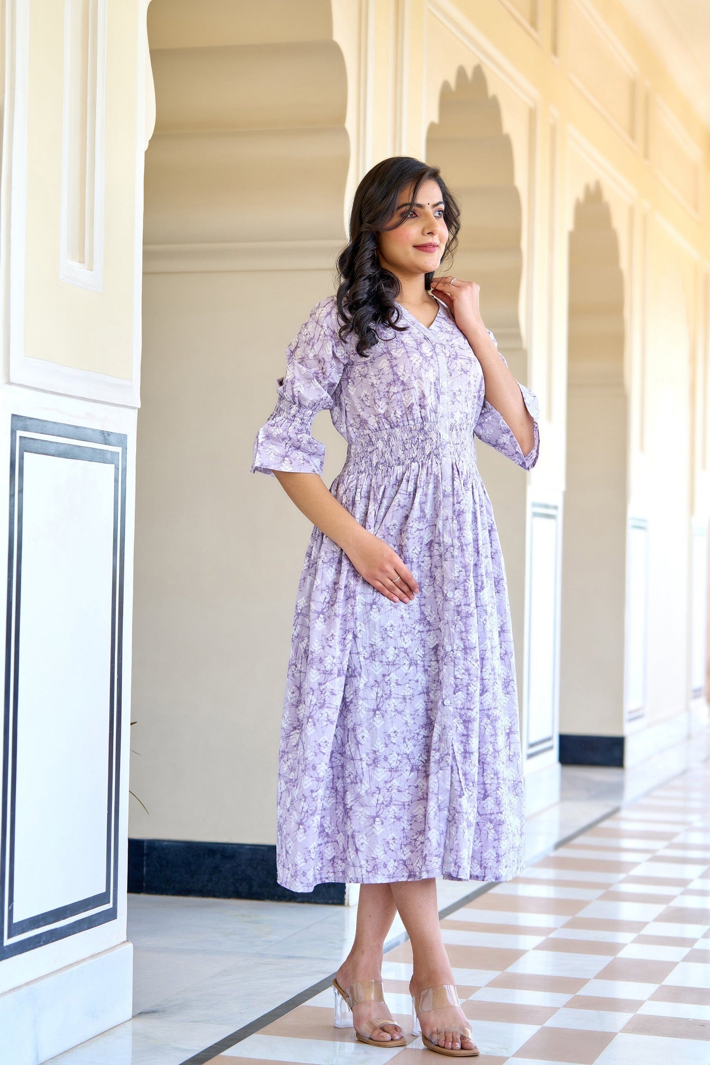 Women Purple Printed Flared Dress | LASVINI - Redefining Indian Fashion with Elegance
