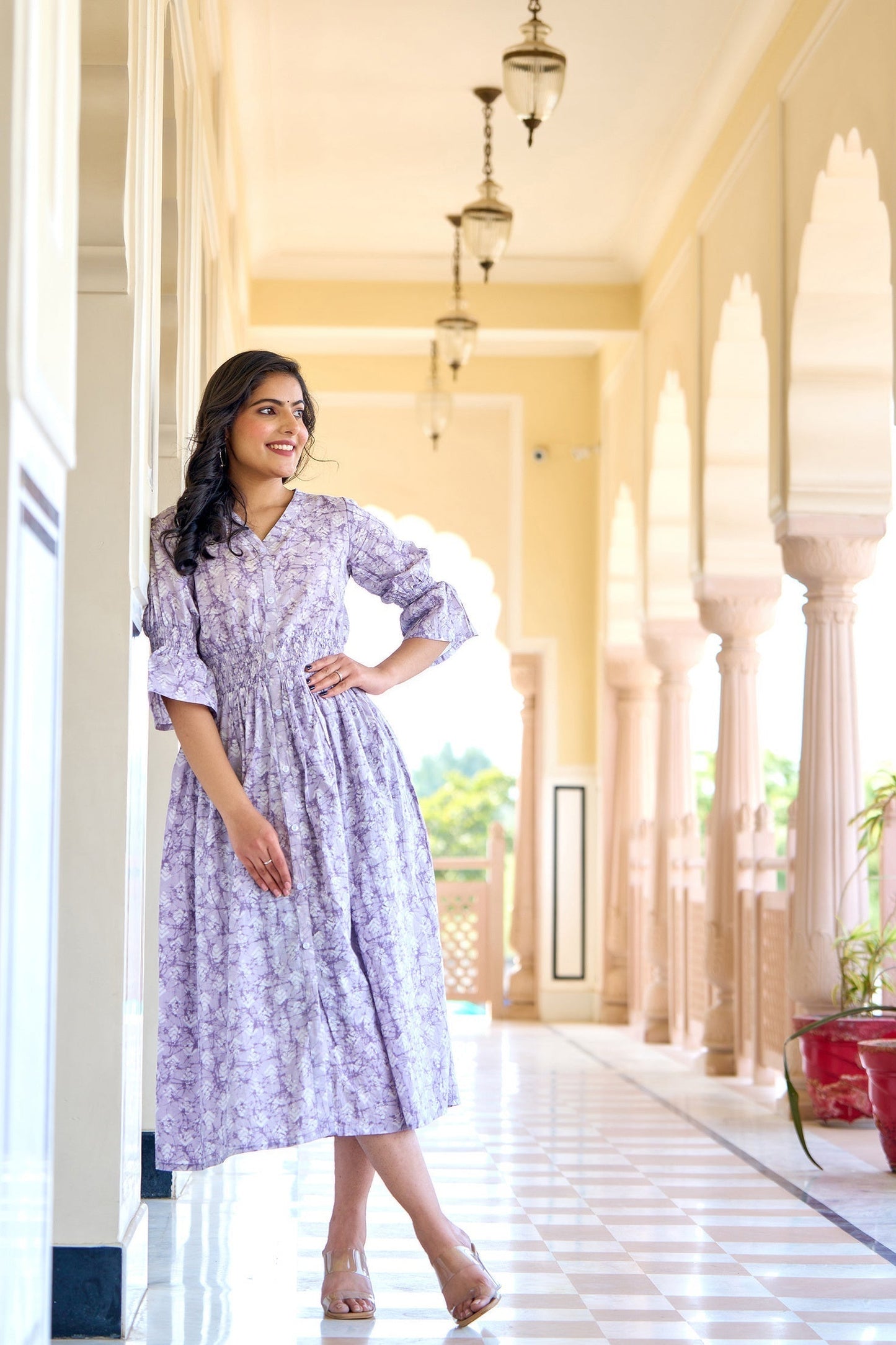Women Purple Printed Flared Dress | LASVINI - Redefining Indian Fashion with Elegance
