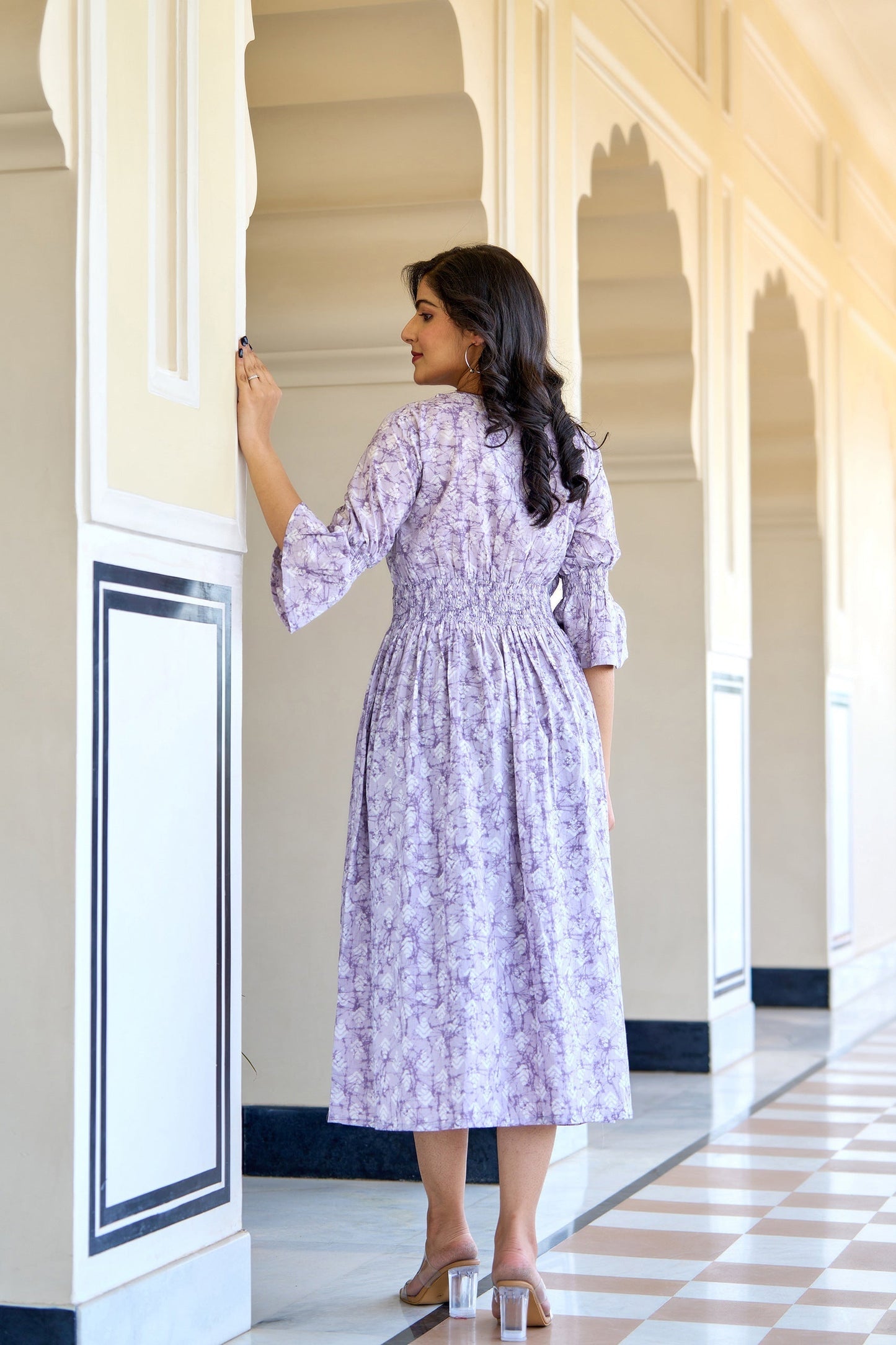 Women Purple Printed Flared Dress | LASVINI - Redefining Indian Fashion with Elegance