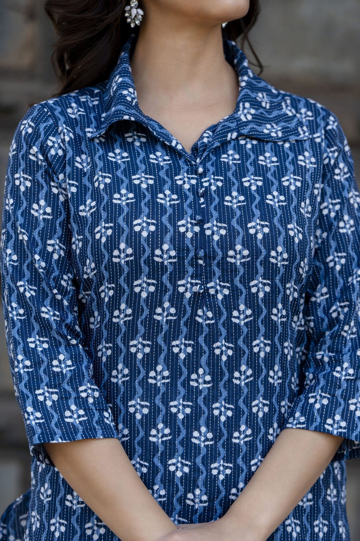 Women Blue Printed Straight Kurta With Three Quarter Sleeves | LASVINI - Redefining Indian Fashion with Elegance