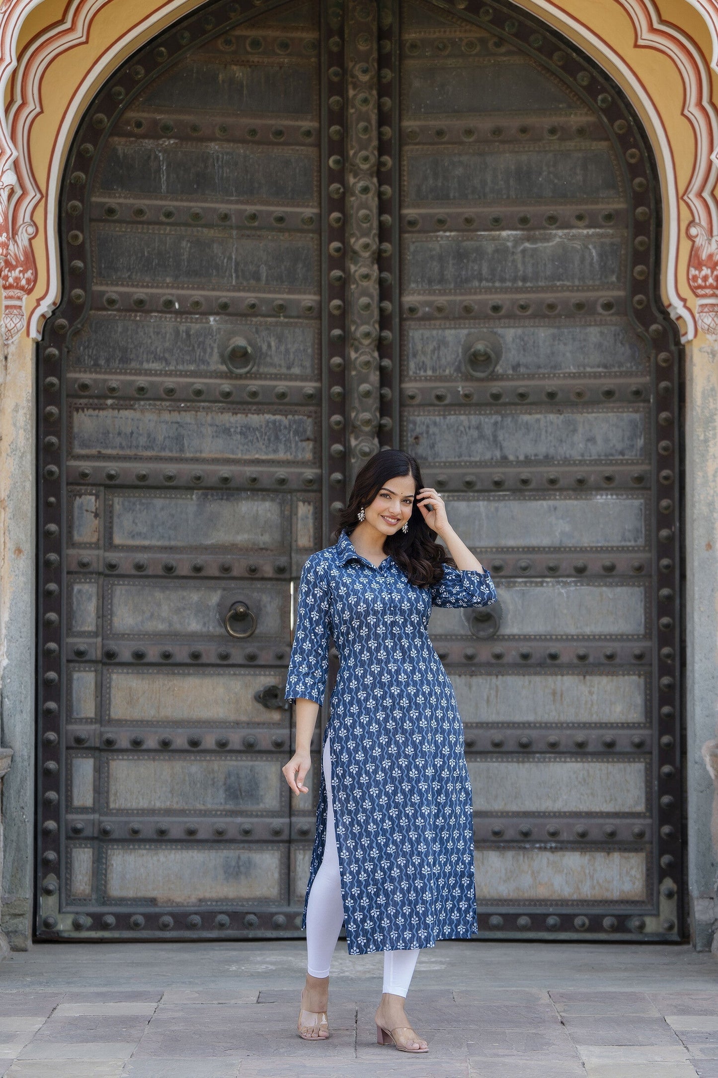 Women Blue Printed Straight Kurta With Three Quarter Sleeves | LASVINI - Redefining Indian Fashion with Elegance