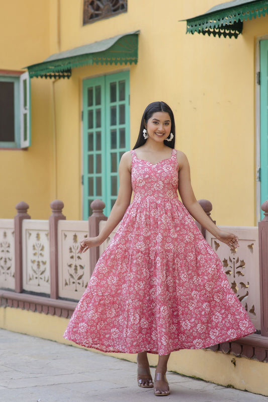 Women Pink Floral Printed Sleeveless Flared Dress | LASVINI - Redefining Indian Fashion with Elegance