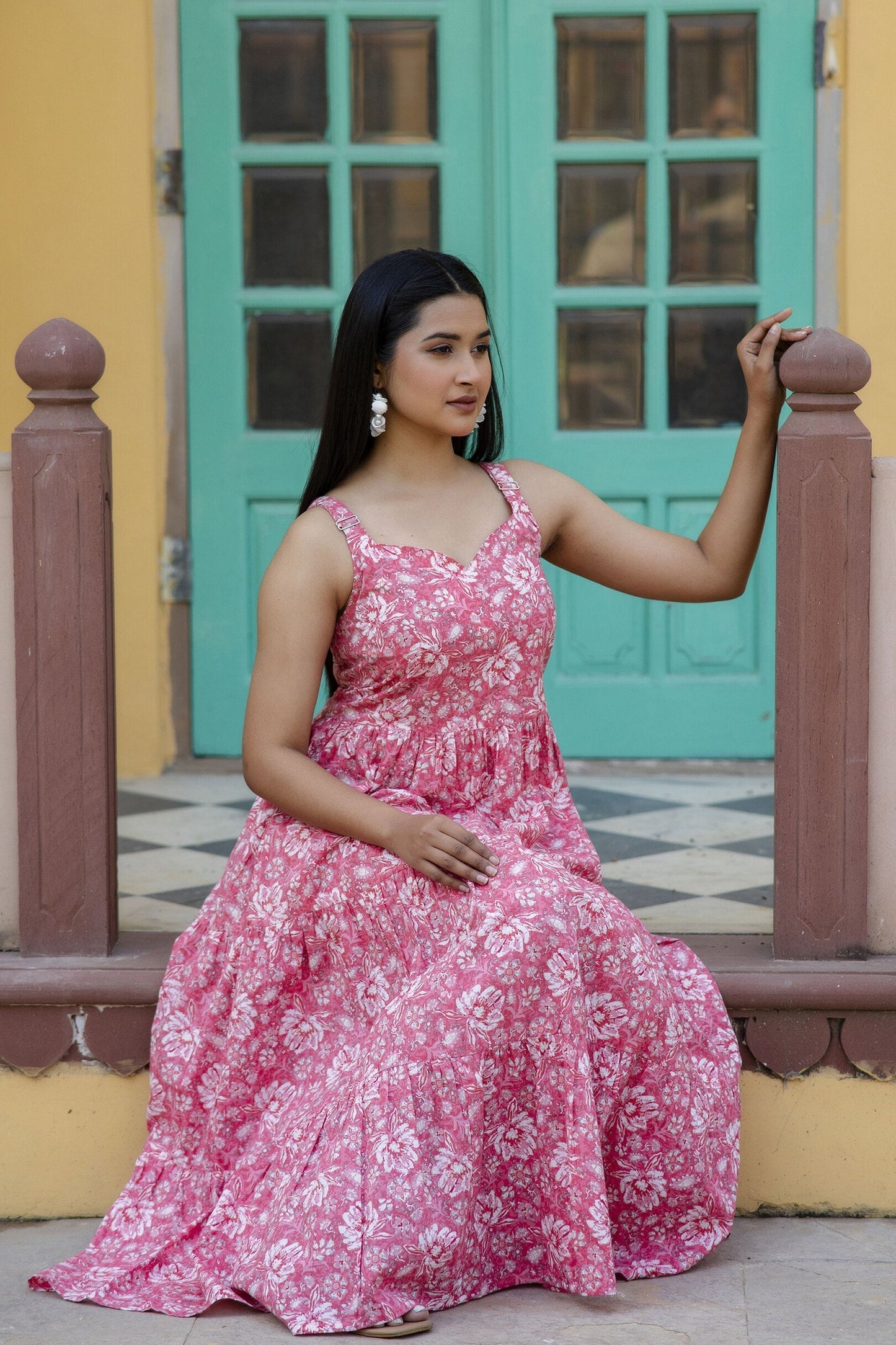 Women Pink Floral Printed Sleeveless Flared Dress | LASVINI - Redefining Indian Fashion with Elegance