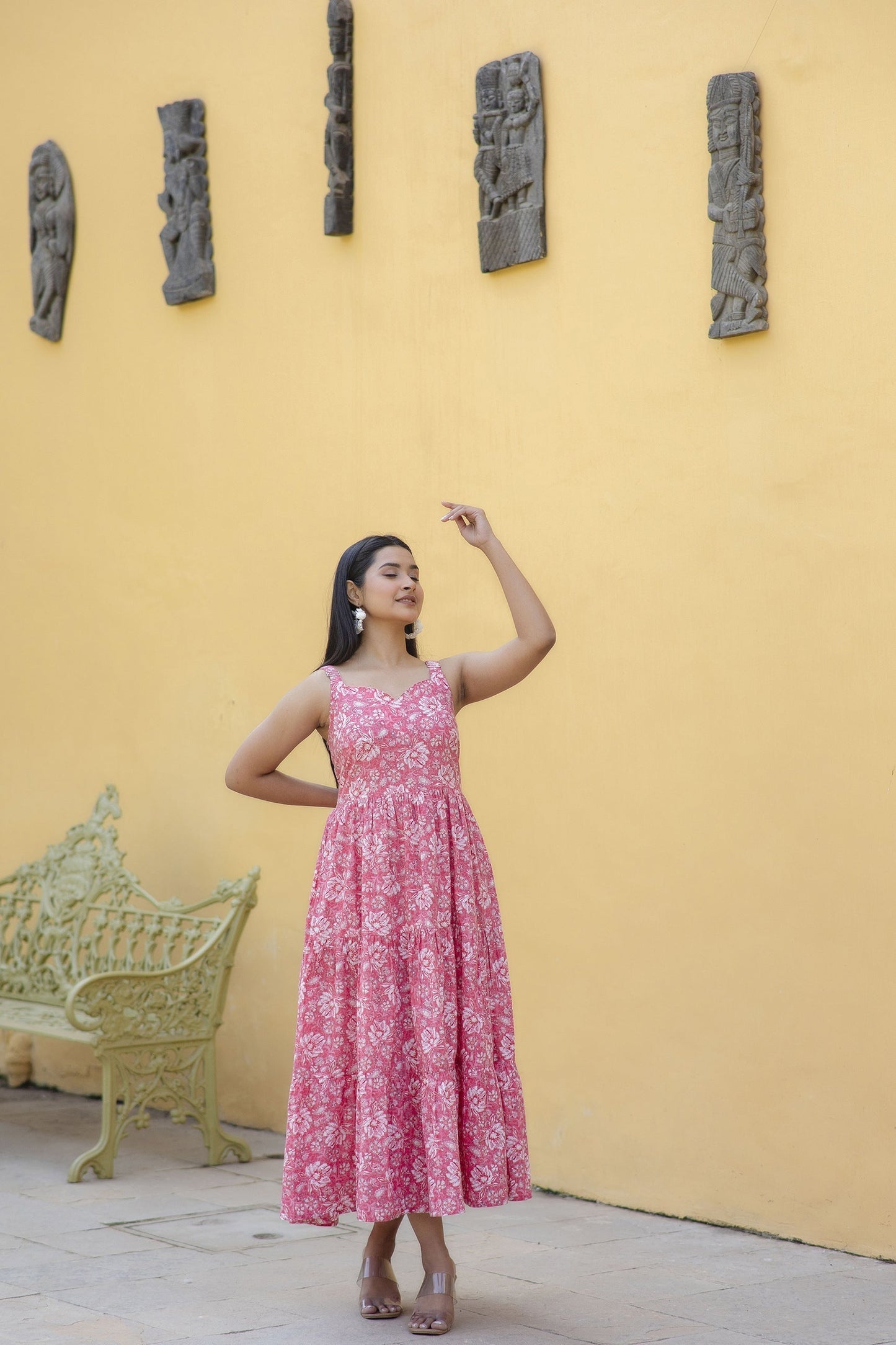 Women Pink Floral Printed Sleeveless Flared Dress | LASVINI - Redefining Indian Fashion with Elegance