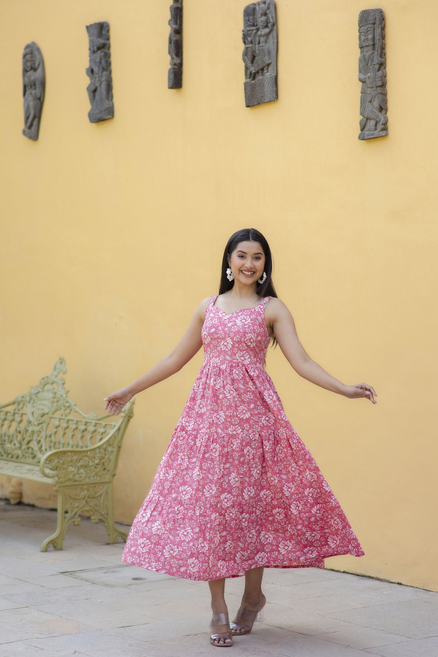 Women Pink Floral Printed Sleeveless Flared Dress | LASVINI - Redefining Indian Fashion with Elegance